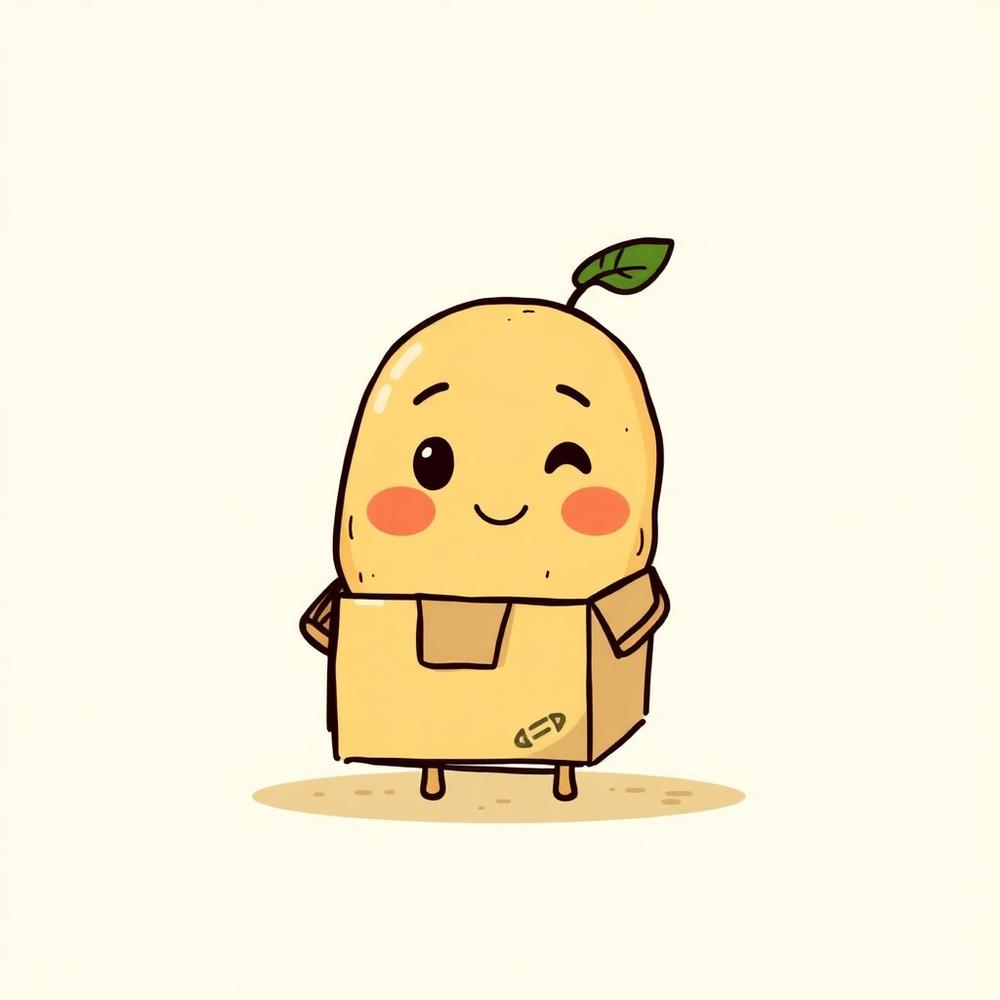 A friendly potato mascot in a delivery box