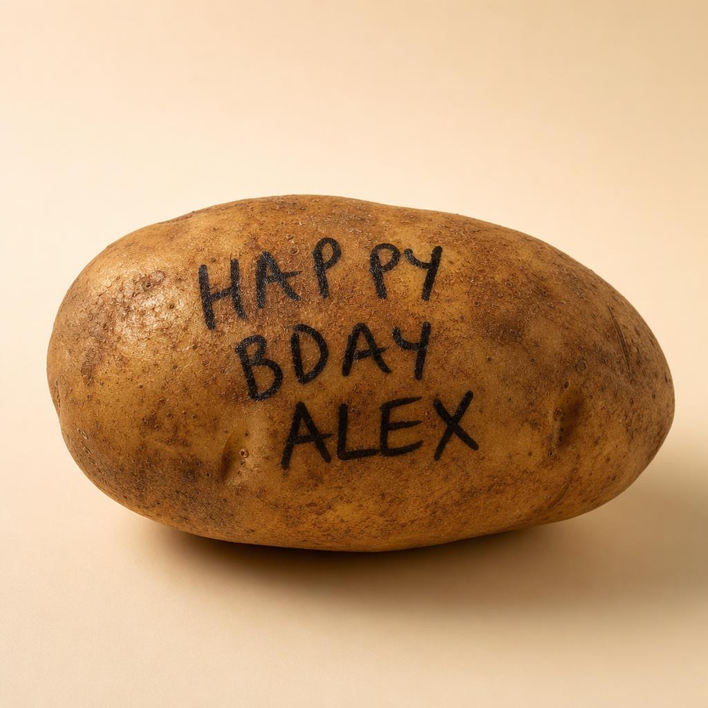 A premium potato with 'Happy Bday Alex' written on it